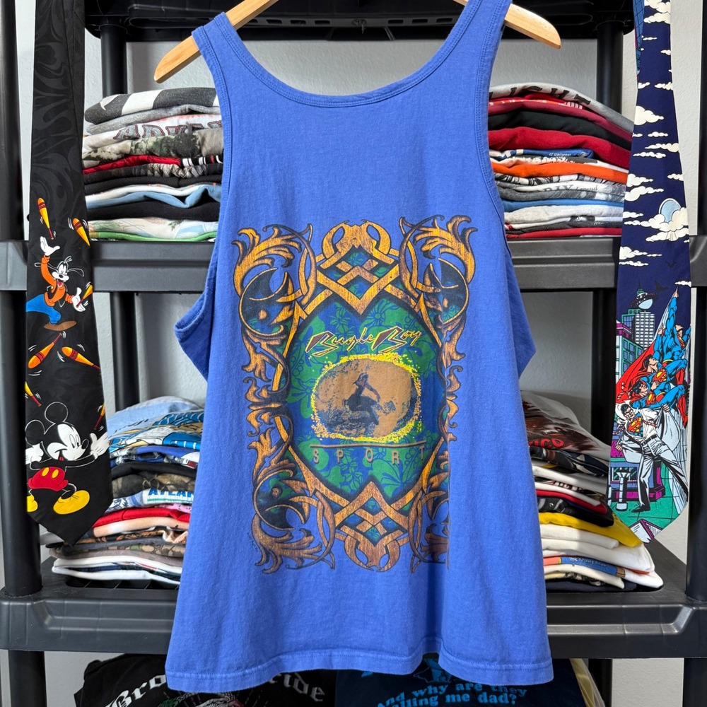 Bugle Boy Sport Tank Top Surf Graphic Large Blue 90s Vintage